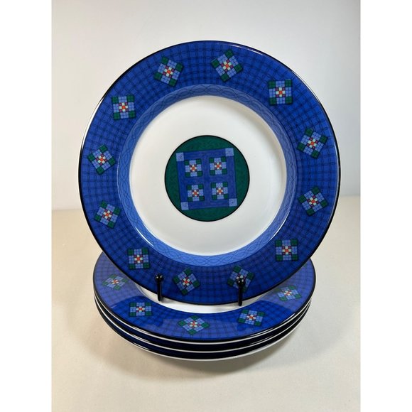 Dansk Nine Patch Accent Salad Lunch Plates Set of Four 9" Quilted Blue Green VTG - Picture 4 of 7